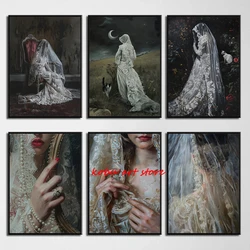 Dark Victorian Elegant Woman Lace Veil Posters Canvas Printing White Skirt Wedding Dress Bride Vintage Wall Art Room Home Decor