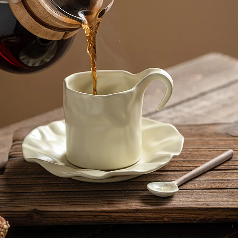 PYH pleated coffee cup saucer high-end exquisite mug women's home design sense niche milk cup drinking cup