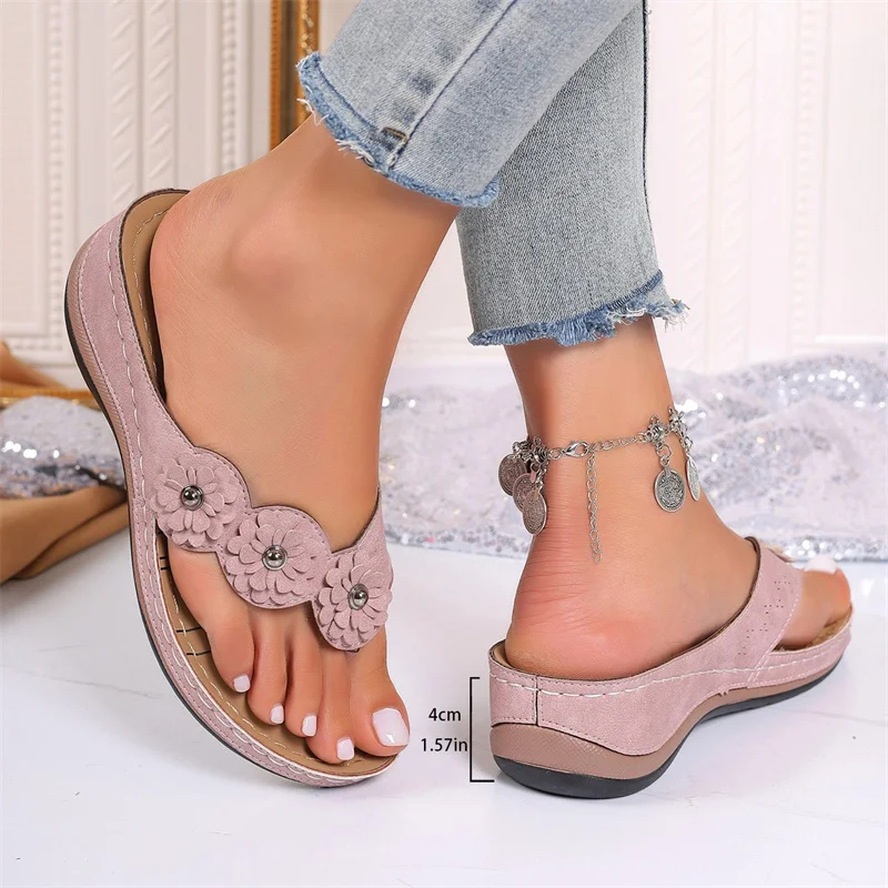 PlusSize Women\'sShoes Summer Retro Roman SandalsWomenPuCasualFlower WedgeSandalsSlippers WomenPlatformSlippers