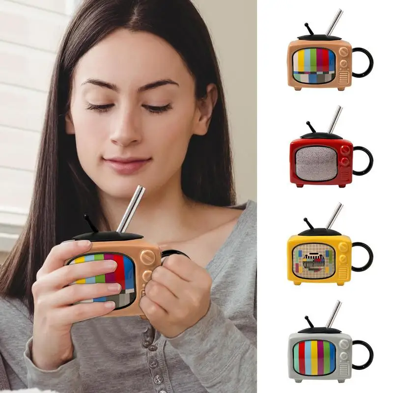 Creative Coffee Cup 450ml Tea Mug Television Shape Drinking Drinkware Mugs Ceramic Travel Mug With Lid And Straw For Hot Coffee