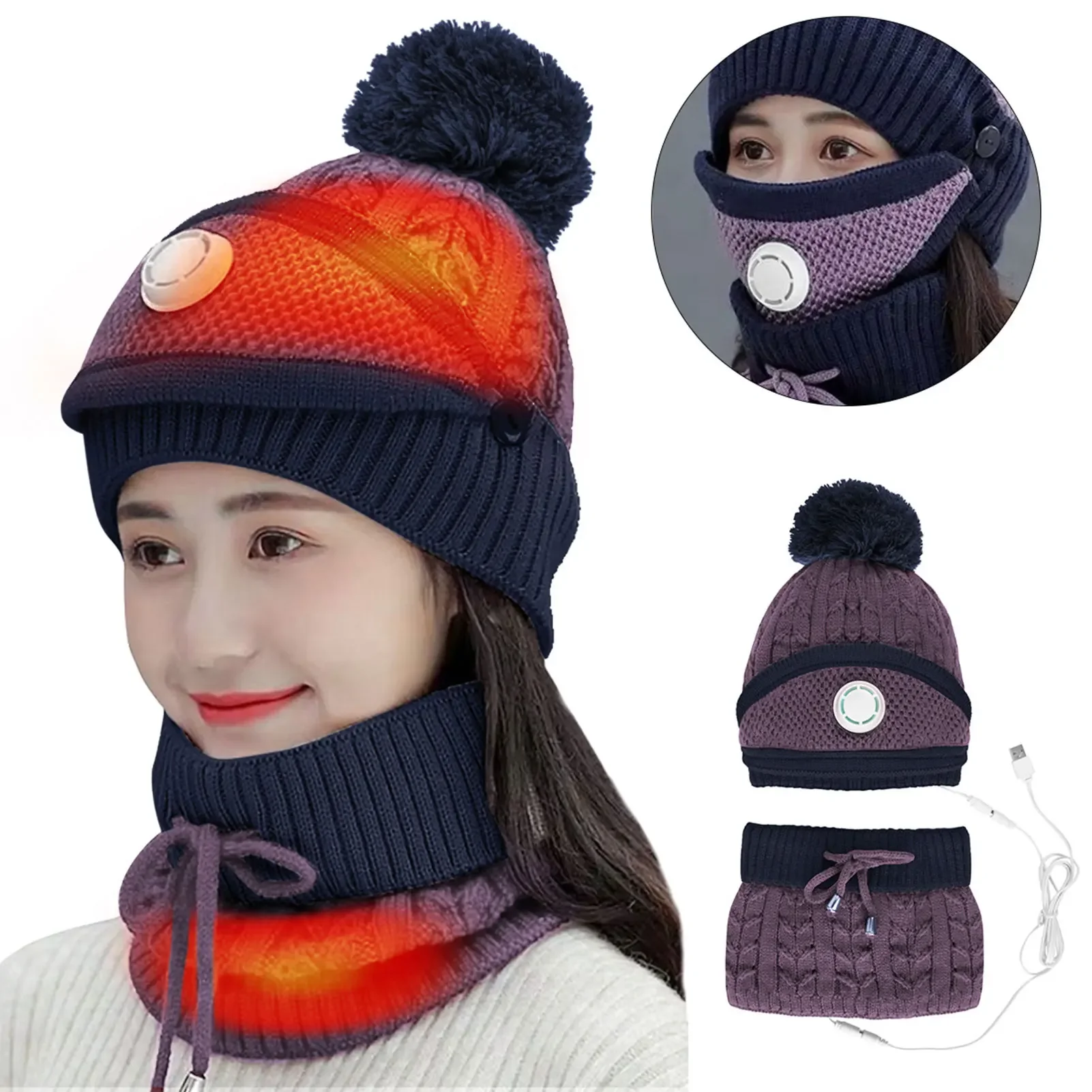 USB Heated Beanie Scarf Hat Mask Set Knit Beanie Cap Thick Ski Beanie with Scarf and Face Warmer for Cold Weather Outdoor Sports