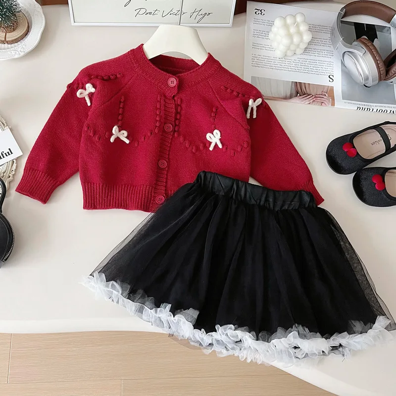 

Girls' Princess Suit Long Sleeve Autumn New Style Children's Western Style Single-Breasted Sweater Mesh Skirt Two-Piece Suit Fas