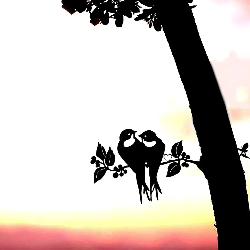 Two Cute Birds On Branch Steel Silhouette 1pc Metal Wall Art Home Garden Yard Patio Outdoor Statue Stake Decoration