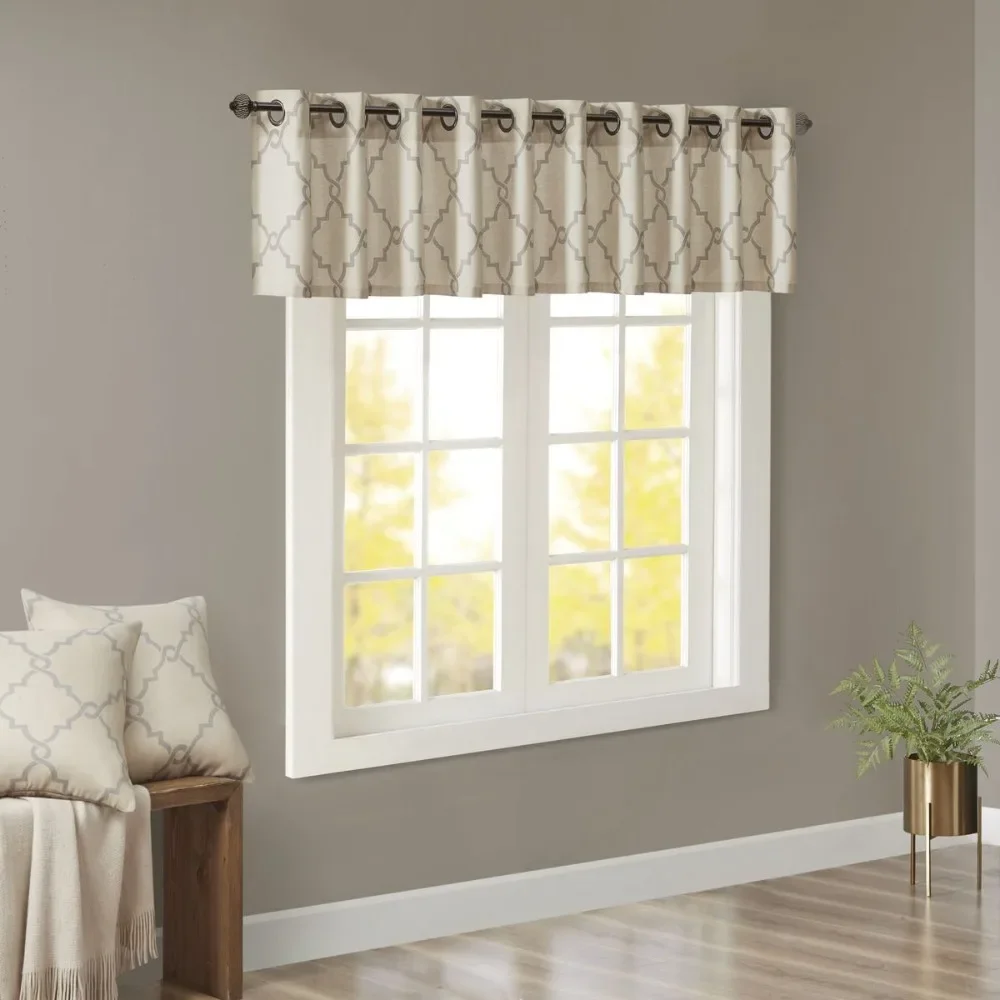 Window Valance Fretwork Print Grommet Top Window Valance Beige/Grey 50x18