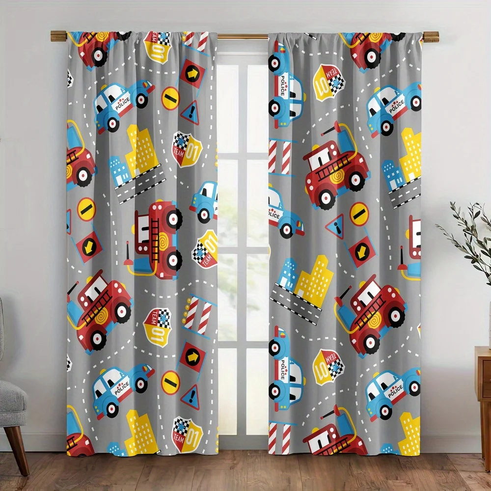 Cartoon Fire Truck Police Car Curtain 2 Panels Grey Road Traffic Sign Building Master Bedroom Print Window Curtain Cute Kids Boy