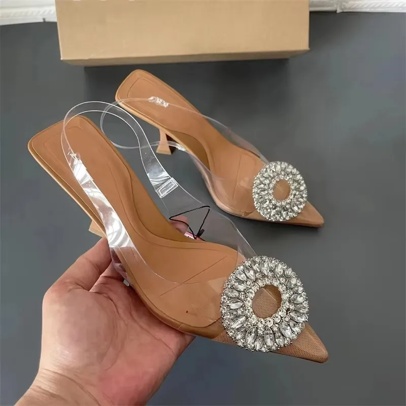 

Ladies Fashion Rhinestone Transparent High Heeled Shoes Women Sexy Prom Luxury Diamond Sandals 2024 New Pointed Toe Heels
