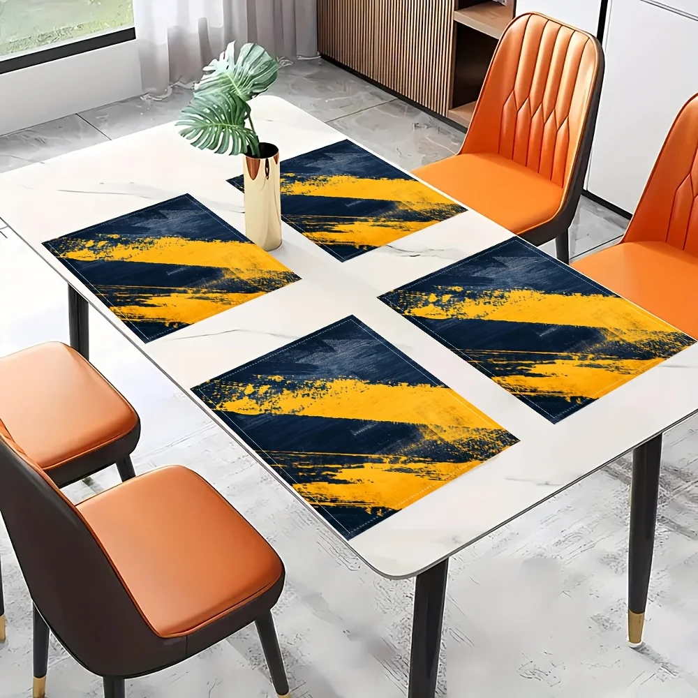Blue Yellow Abstract Brush Stroke Modern Placemats Linen Washable Non Slip Heat Resistant Table Mats for Kitchen Dining Decor