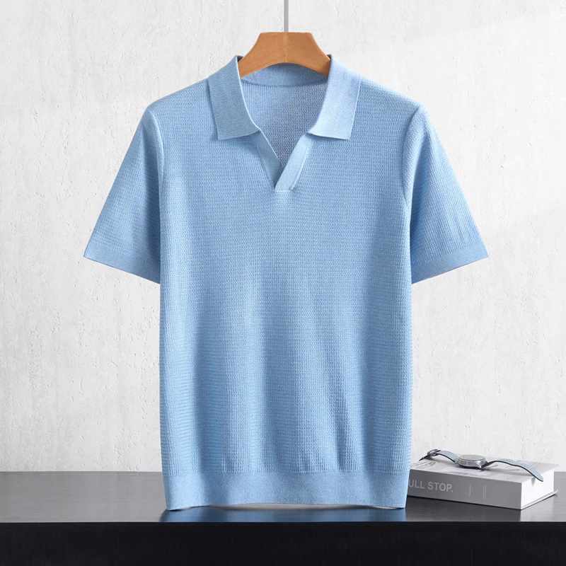 

Летняя мужская футболка из 100% лиоцелла, повседневная, однотонная, трикотажная, с коротким рукавом, свободного кроя, с воротником-поло, модная, стильная.