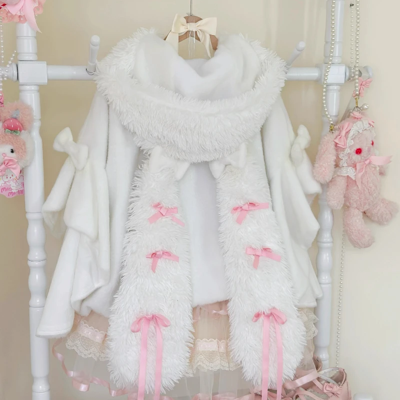 Japanese Sweet Lolita Hooded Cloak Winter New Girls Kawaii Rabbit Ears Bow Soft Loose Short Jacket Coats Women Y2K Capes Ponchos