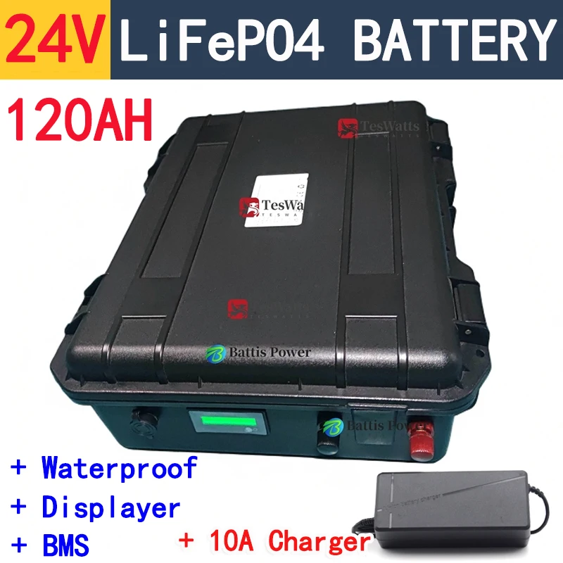 24V 120Ah Lifepo4 Lithium Rion Battery Pack With BMS 150A For Fishing Boat Motor AGV Car Truck Marine Caravan +10A Charger