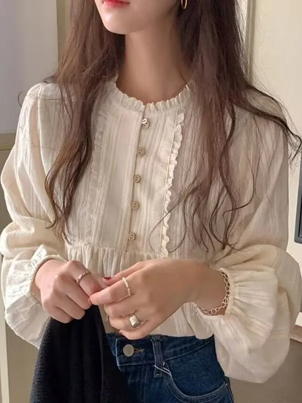 

Ретро-блузка с круглым вырезом и кружевной отделкой, белая, женская, весна-осень, для ношения под одеждой, элегантный топ с длинными рукавами, свободный крой, рукава-фонарики