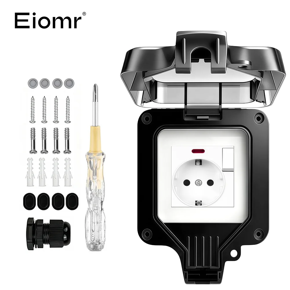 EIOMR 16A 220V IP66 wasserdichte Doppelsteckdose, schwarze Outdoor-Steckdose mit Schalter, mit Typ-C-Ladeanschluss, EU-Standardsteckdose