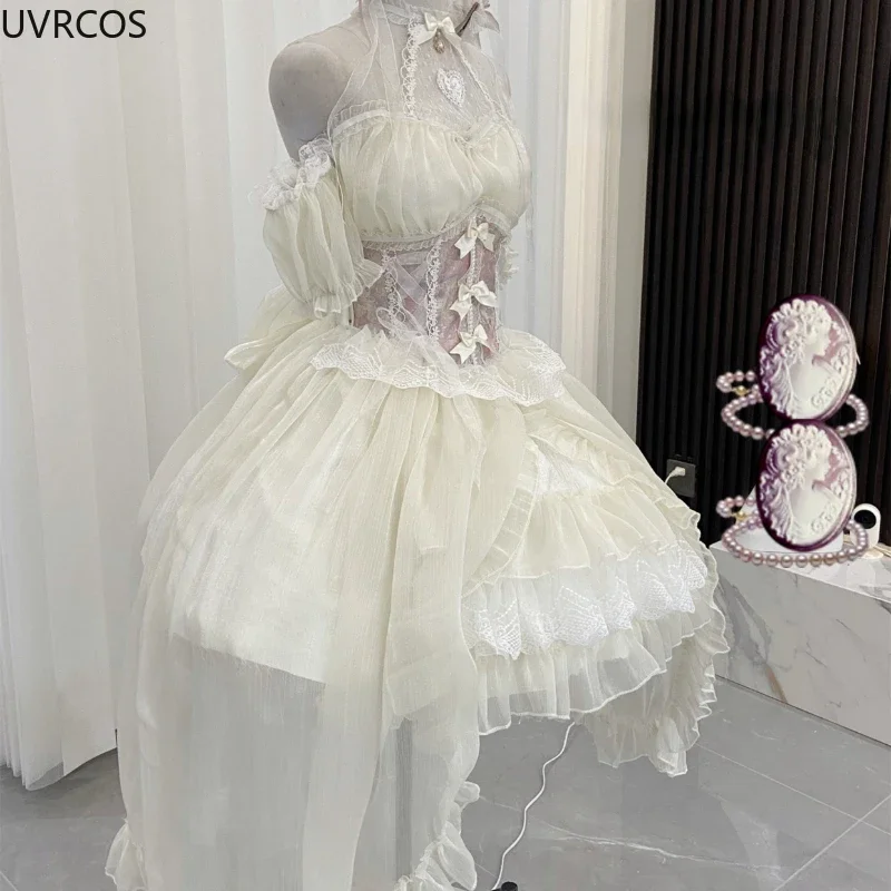 Vintage Victoriaanse Lolita Jurk Cosplay Kawaii Kanten Bloem Strik Sleepjurken Vrouwen Japanse Stijl Elegante Trouwfeestjurk