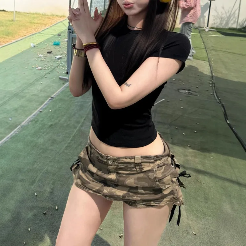 Spice Girl Tooling Tiefsitzender Camouflage-Jeansrock für Damen, Sommer-Hüftrock mit Seitenriemen und Anti-Licht-Effekt