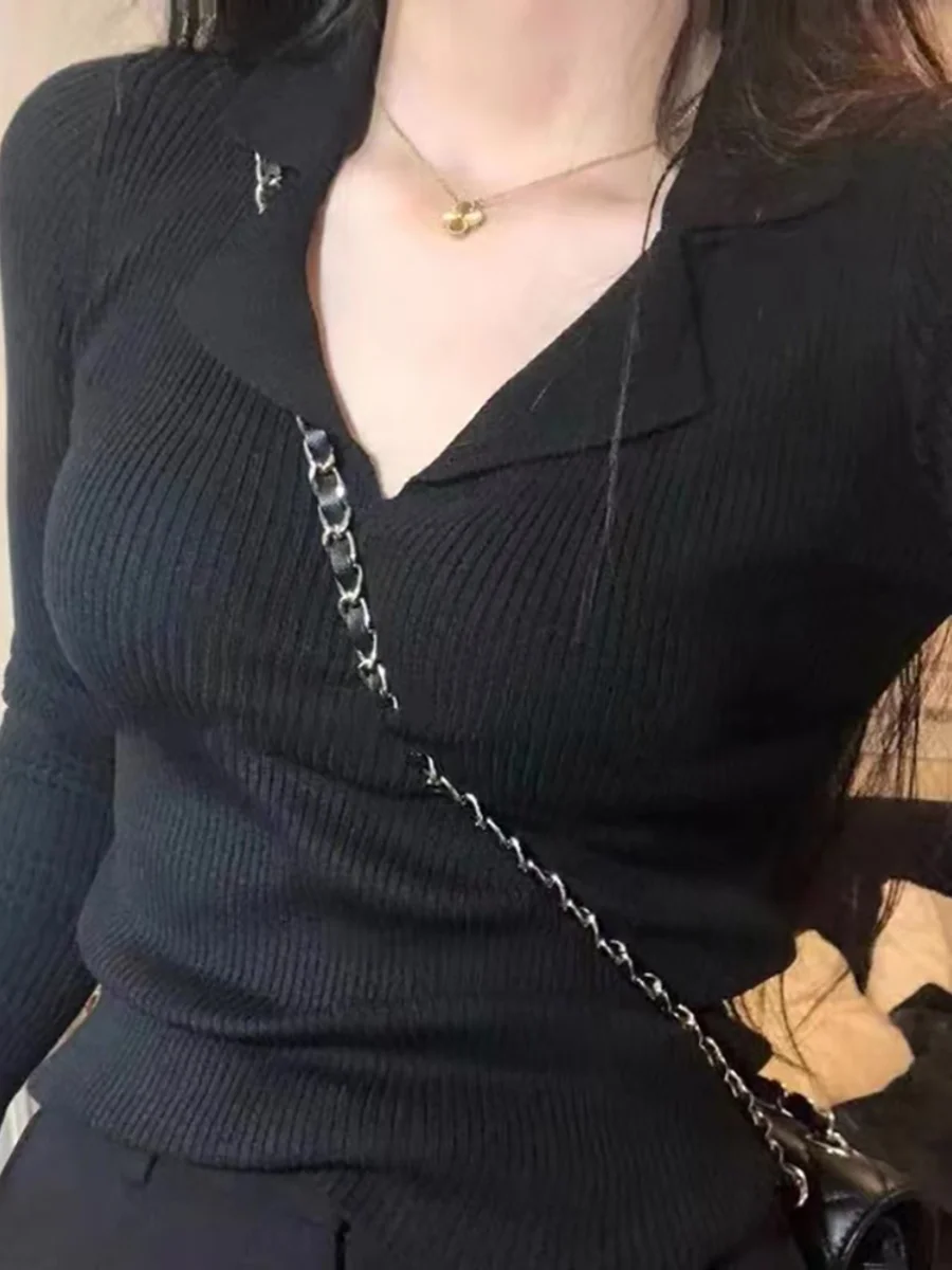 جديد خريف 2023 سترة نسائية محبوكة بقصة ضيقة قاعدة irt V-ne طويلة Sve طول منتظم للتنقل Sle لون نقي #3