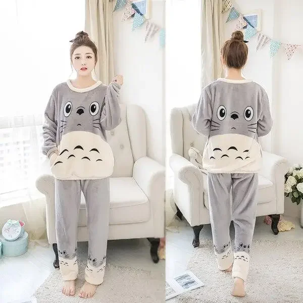 Autumn Winter Warm Flannel Women Pijama Sets Thick Coral Velvet Long Sleeve Cute cartoon Sleepwear Set Thin Flannel Pajamas Set