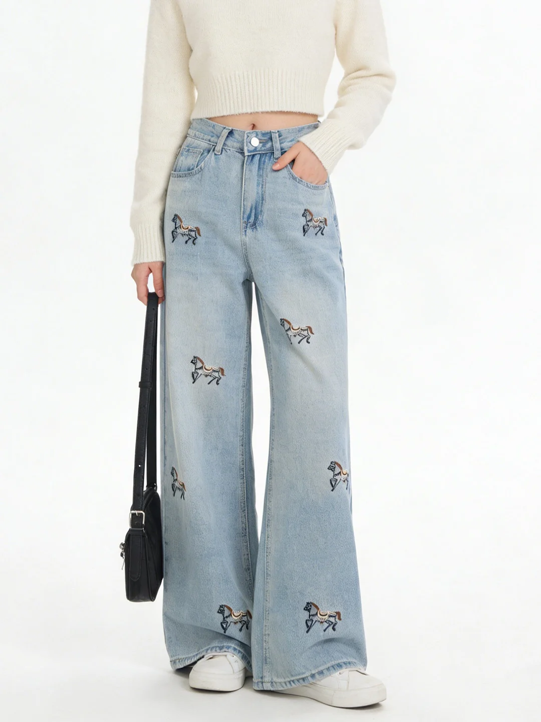 

Korean Sle Embroidered Light Blue Denim Wide Leg Pants Women's Faion Slimming Spring Soft Jeans Ladies High Waist