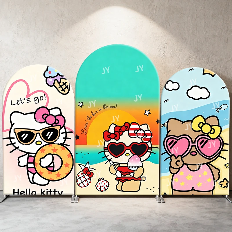 

Hello Kitty Arch Backdrop Cover Summer Beach Swim Ring Cute Cartoon Style Birthday & Baby Shower Party Photo Booth Decor Props