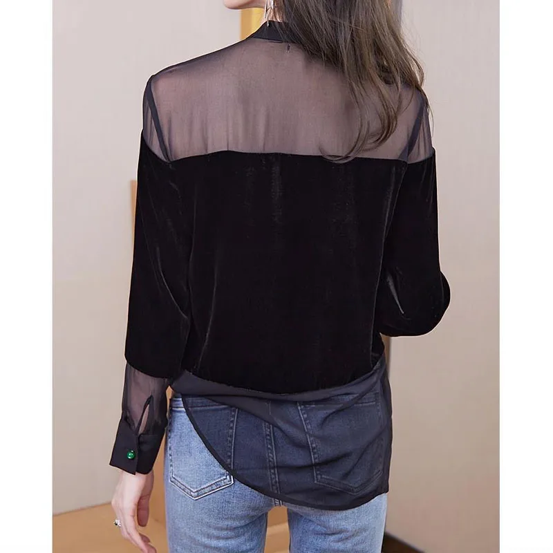 Fashion Sexy Sheer Mesh Spliced Button Blouse Autumn Women\'s Clothing Round Neck Casual Long Sleeve Solid Color Female Shirt