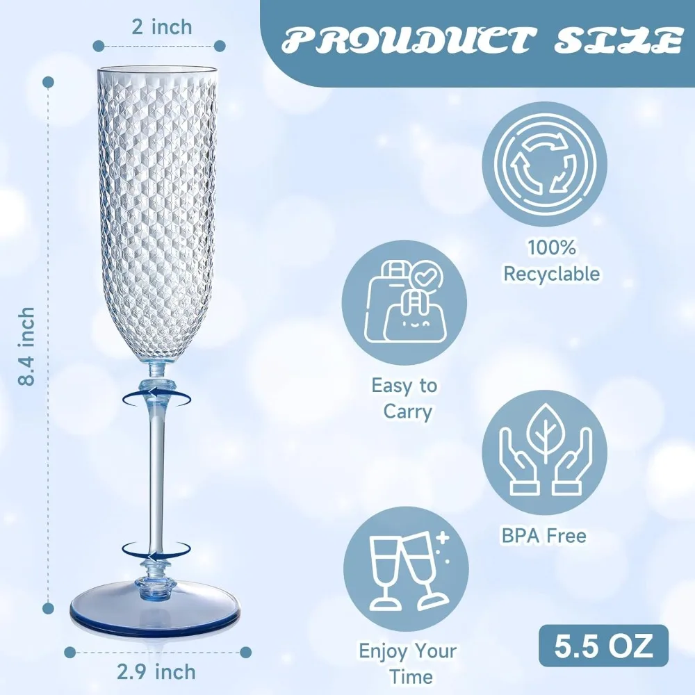 

100 Pack Blue Detachable Plastic Champagne Flutes 5.5 Oz Unbreakable Reusable Stemmed Glasses for Wedding