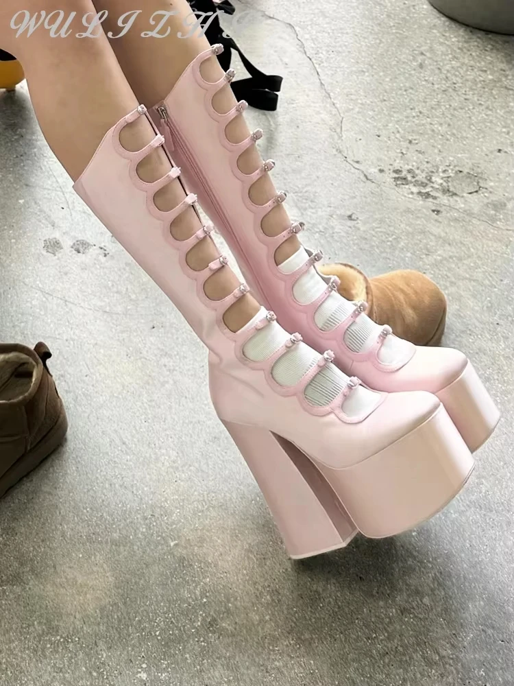 

Sweet Pink Silk Hollow Women's Boots 2025 Summer Trendy Platform Belt Buckle Zipper Super High Heel Lolita Knee High Boots