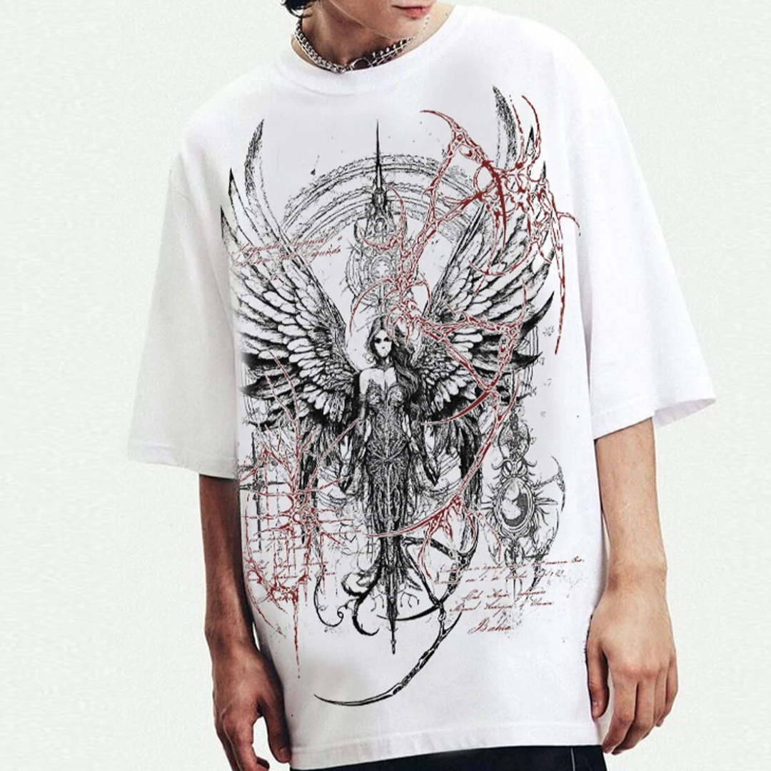 Dark Gothic Streetwear Trend From Europe and America, An Instagram-worthy Rock-themed Printed T-shirt for The Angelic Style.