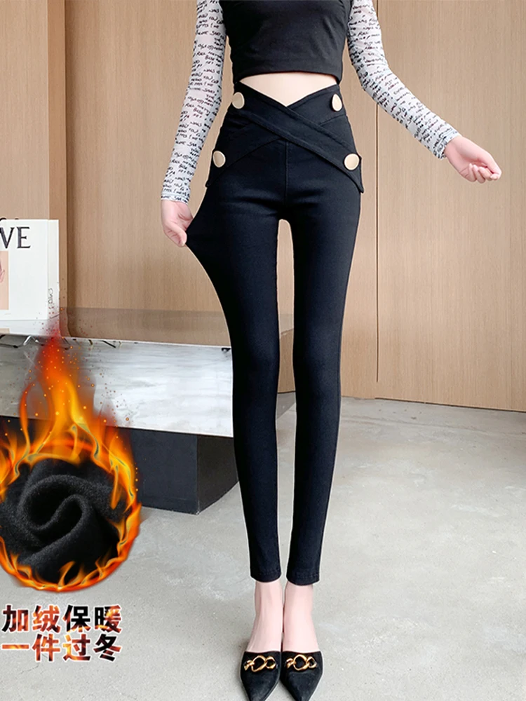 Casual pants 2023 autumn and winter thickened high elastic cross high waist tight-fitting pants fashion women\'s clothing