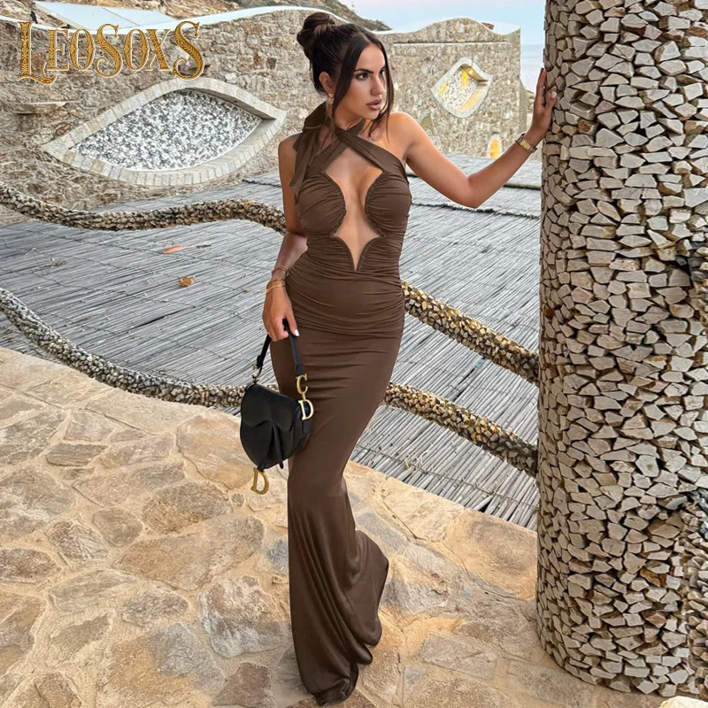 LEOSOXS ชุดราตรีทรงเมอร์เมดคอเชือกผูกสีน้ำตาลเก๋ไก๋สำหรับผู้หญิง สำหรับโอกาสที่หรูหราเป็นพิเศษ ปี 2025