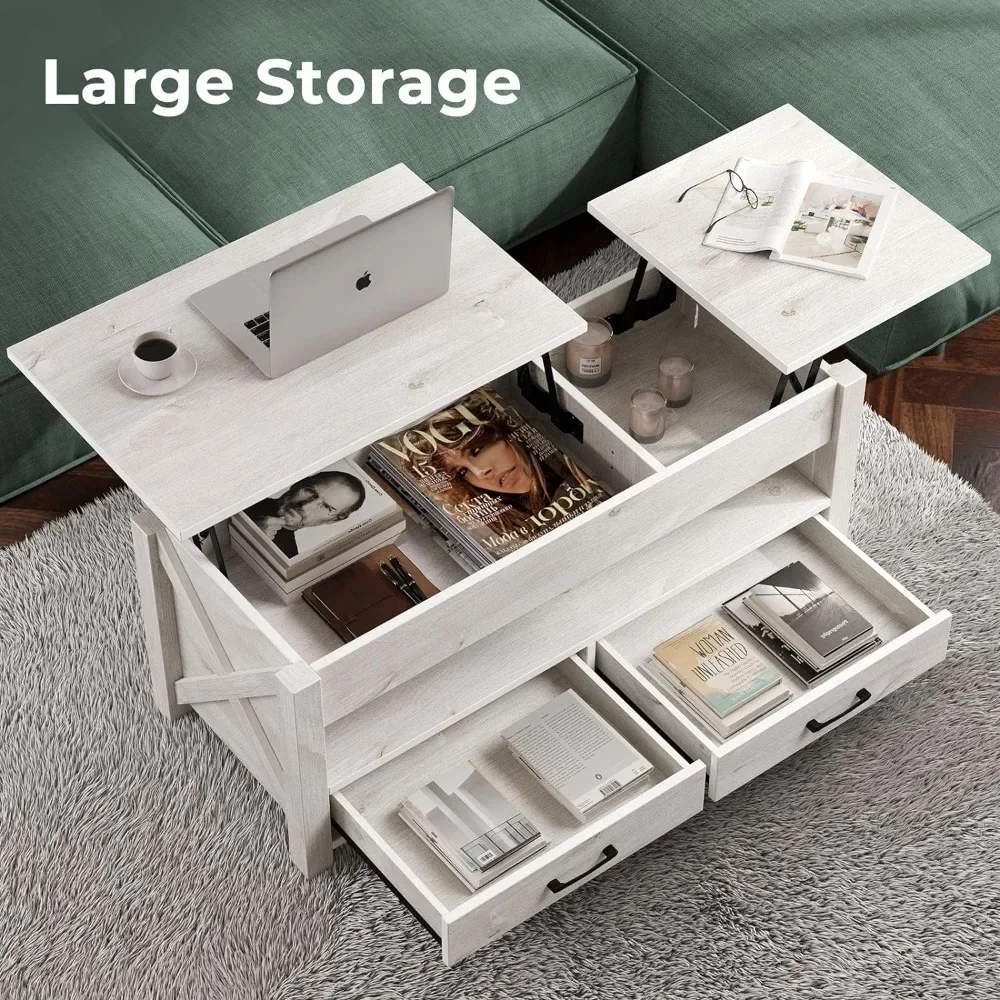 Coffee Table Lift with 2 Storage Drawers and Concealed Compartment, Vintage Central Table with Wooden Lift Top, Grey