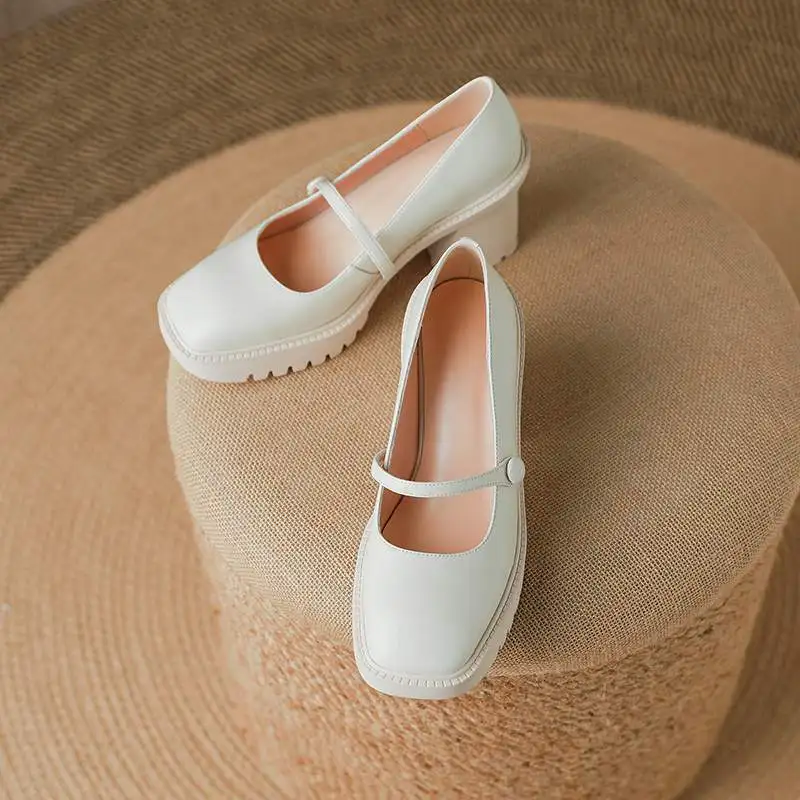 

Vichelo Hot genuine leather beige color platform square toe super high heels buckle straps non-slip brand leisure women pumps