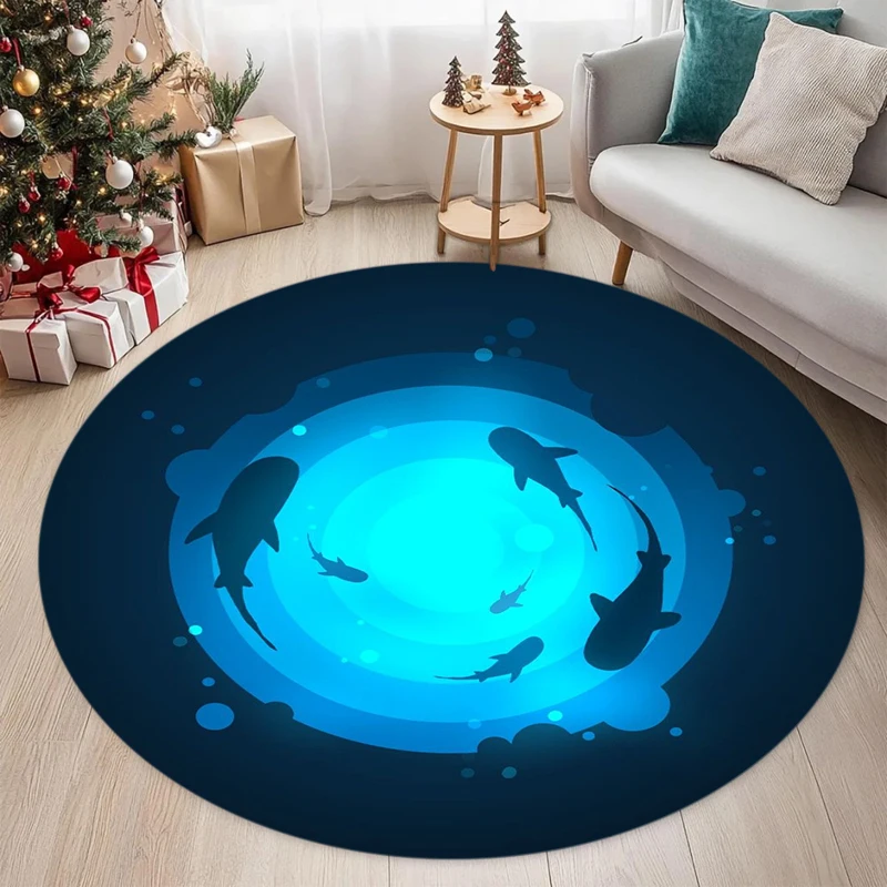 Round Blue Ocean Shark Silhouette Print Area Rug Soft Non-Slip Underwater Floor Mat Nautical Home Decor Carpet for Living Room