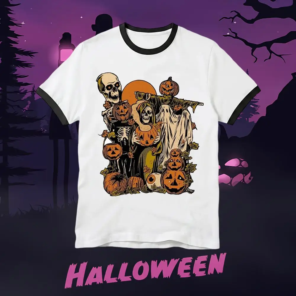 Vintage Halloween Skeleton Ghost Pumpkin Print Tee Outdoor Casual Breathable T-shirt Unisex Street Harajuku Tops Festival Gifts