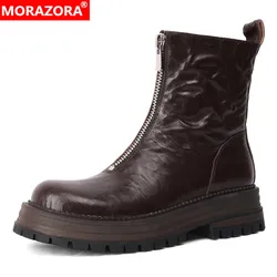 MORAZORA 2024 New Genuine Leather Boots Women Zipper Black Brown Handmade Platform Ankle Boots Ladies High Quality Shoes