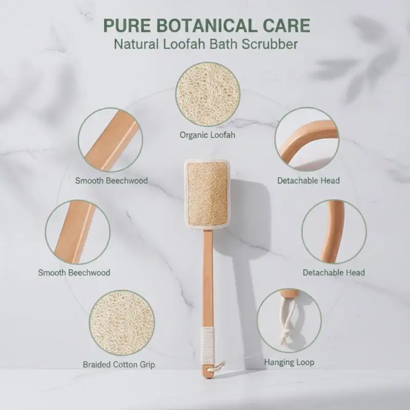 Non-slip Long Wood Handle Loofah Bath Brush Detachable Exfoliating Back Scrubber for Bathroom Shower Use