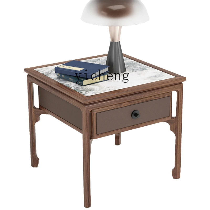 

Tqh Side Table Black Walnut Light Luxury Rock Surface Solid Wood Storage Side Cabinet Furniture with Drawer