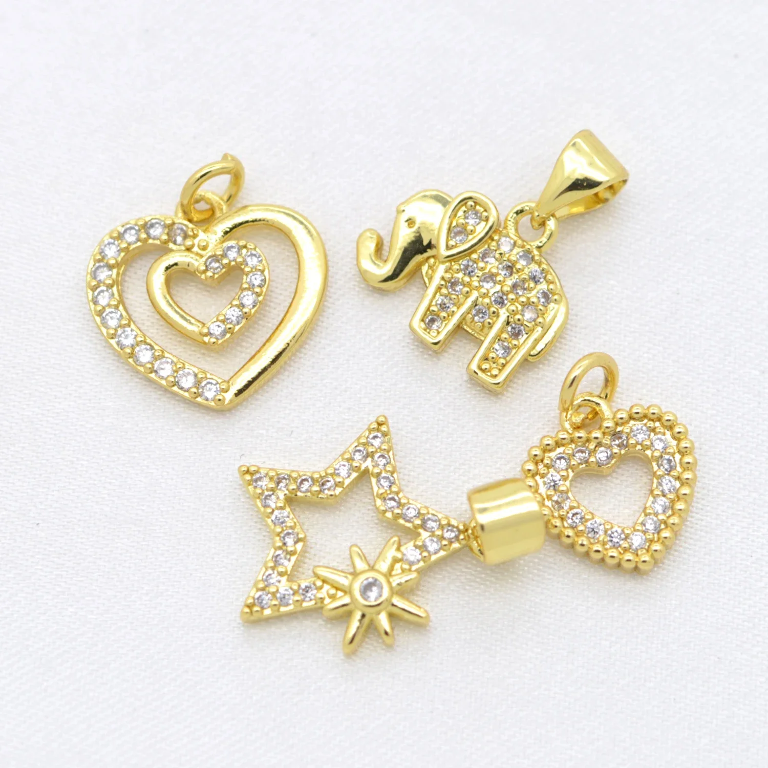 17 Pcs Brass Zircon Pendant Diy Bracelet Necklace Earring Jewelry Making Parts Elephant Heart Star Horseshoe Hollow Accessories