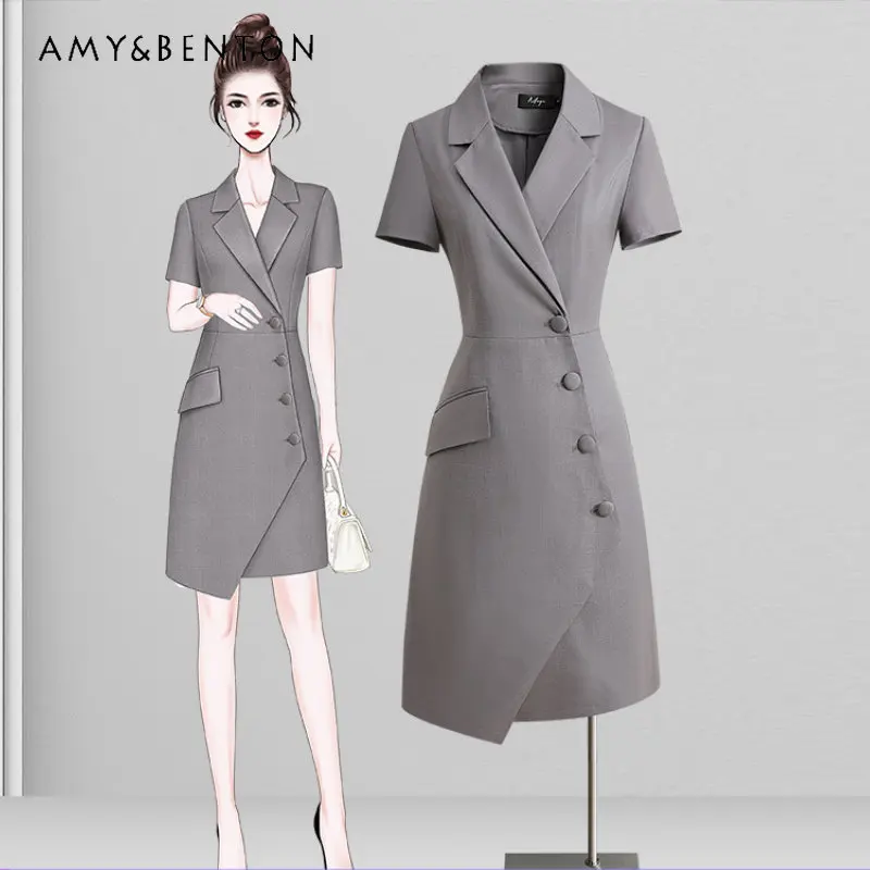 

Irregular Short Sleeve Business Suit Dress Women's Summer Elegant Slim Fit High Sense Workplace White-Collar Workwear Commuting