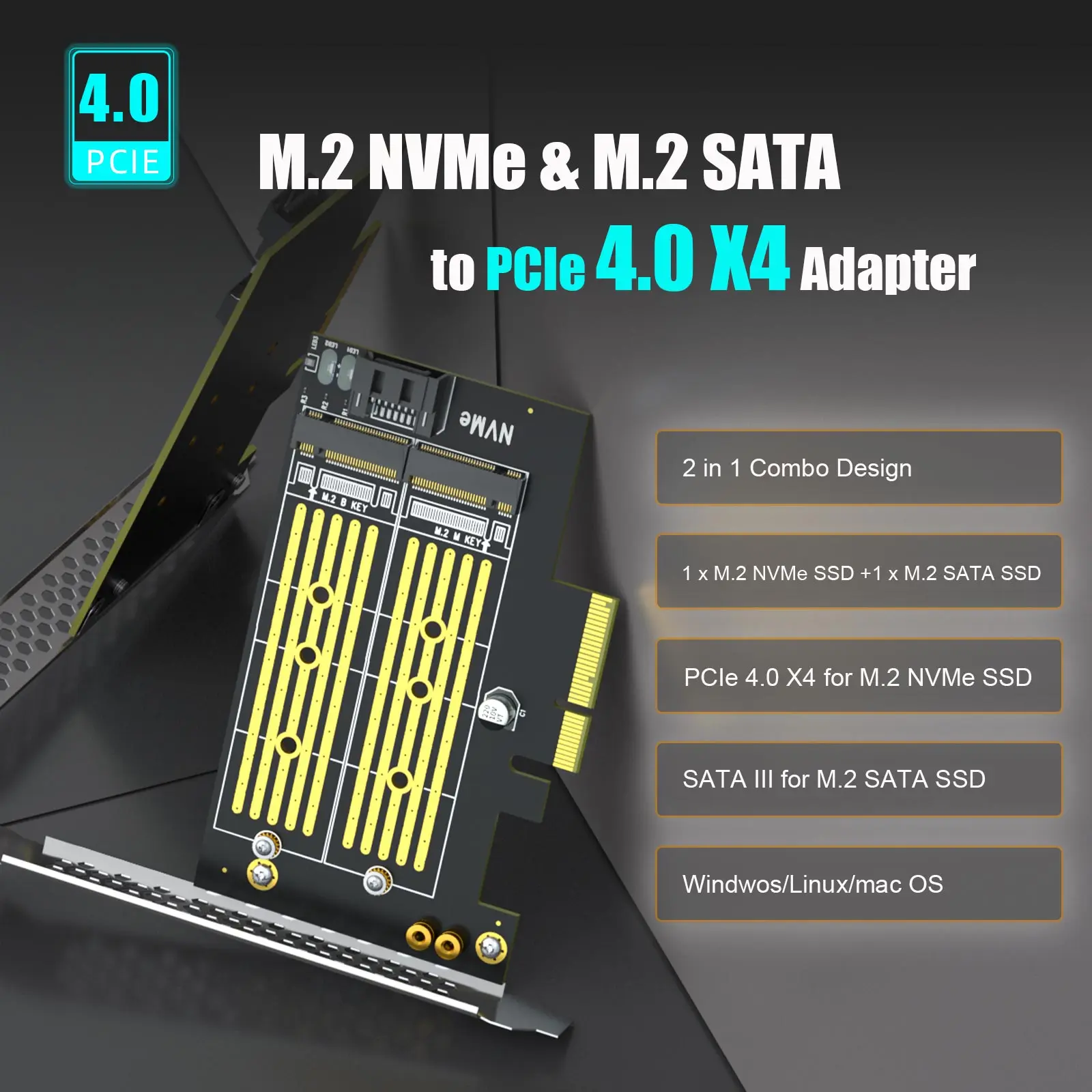 M.2 PCIe Adapter for One M.2 NVMe SSD and One M.2 SATA SSD