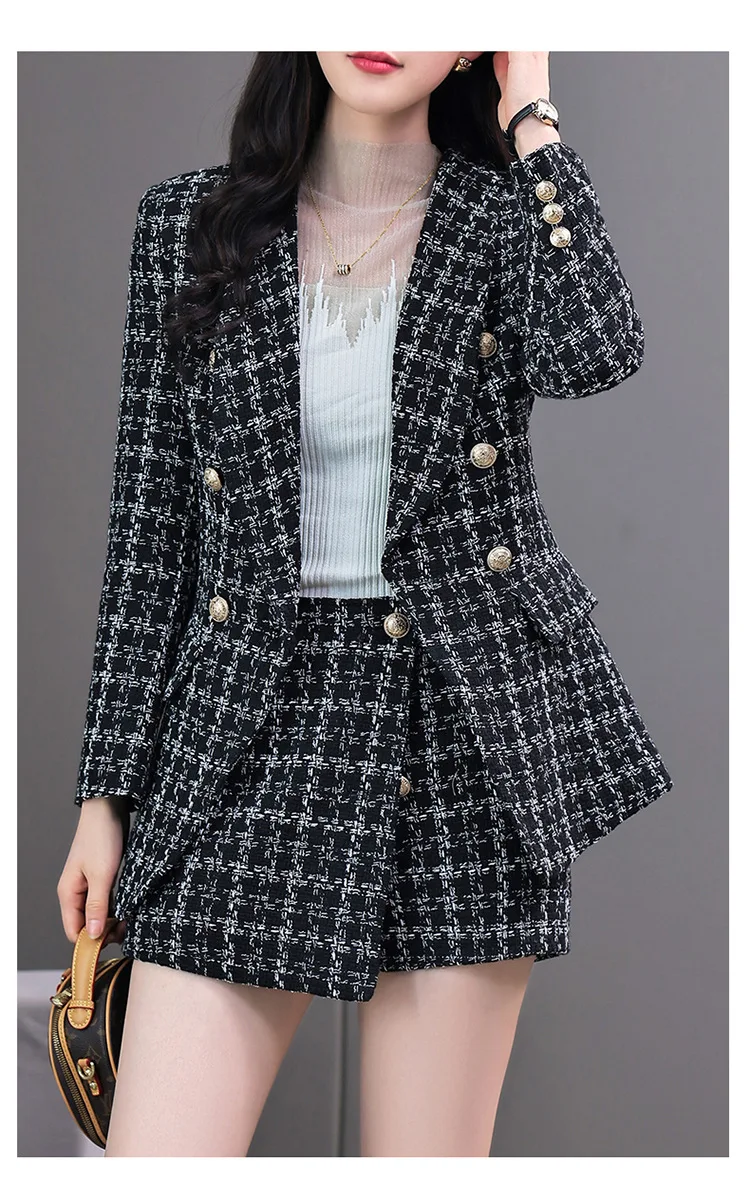 Tesco Women Pants Suit Plaid Double Breasted Short Skirt Set Fashion Casual Women Set for Office Lady  Form party chandal mujer