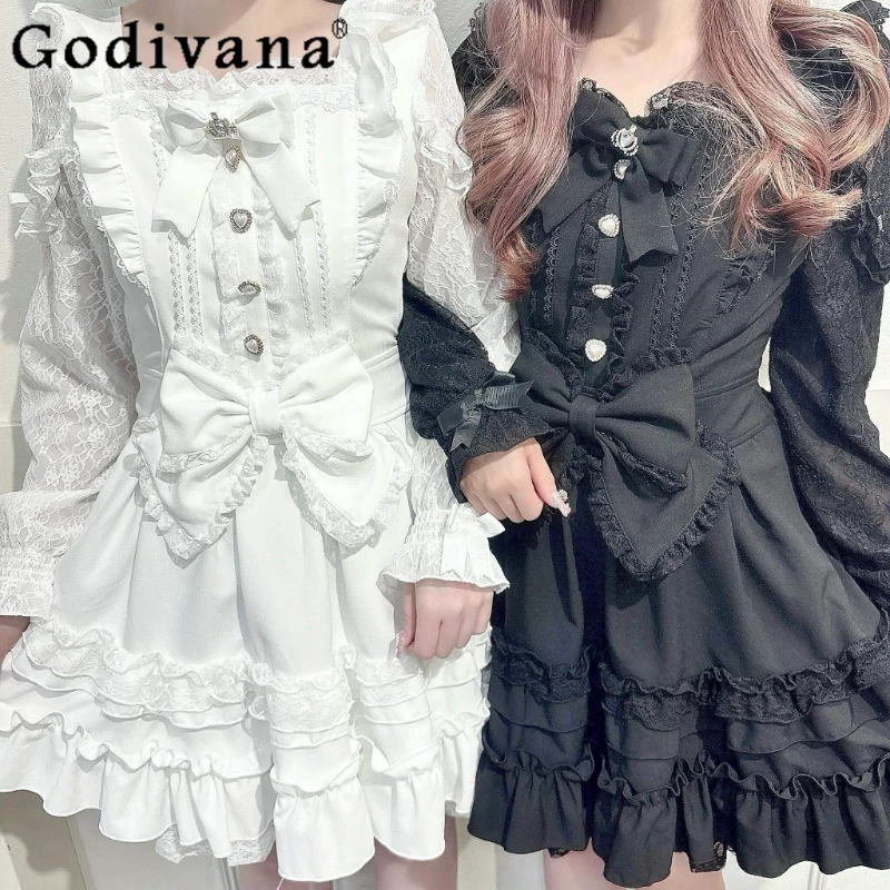 

2026 Spring New Japanese Style Lolita Lace Off-Shoulder Dress Sweet and Cute Doll-Like Girl's Layered Cake Dress