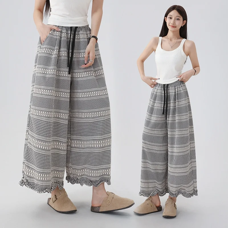 

Embroidered Japanese Style Plaid Wide Leg Pants Women Summer New Loose Slim Casual Nine Point Pants Cotton Lyrca Fiber