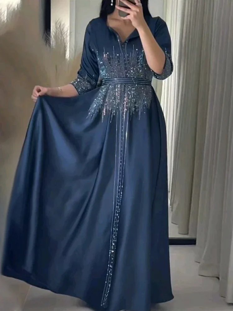 Eid Satin Dress for Women Diamond Muslim Ramadan Party Abaya Long Dress Belt Kaftan Vestidos Largos Dubai Robe Jalabiya 2024