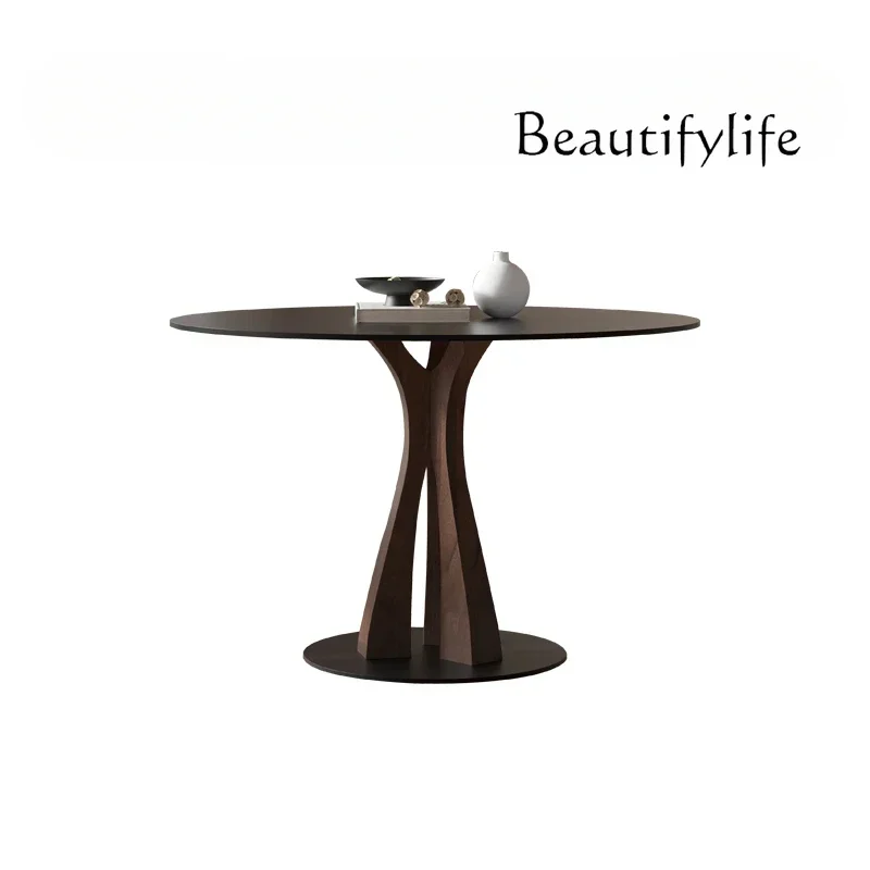 Solid Wood round Dining Table Home Retro Silent Style Simple Black Walnut Colorful Rock Plate round Table