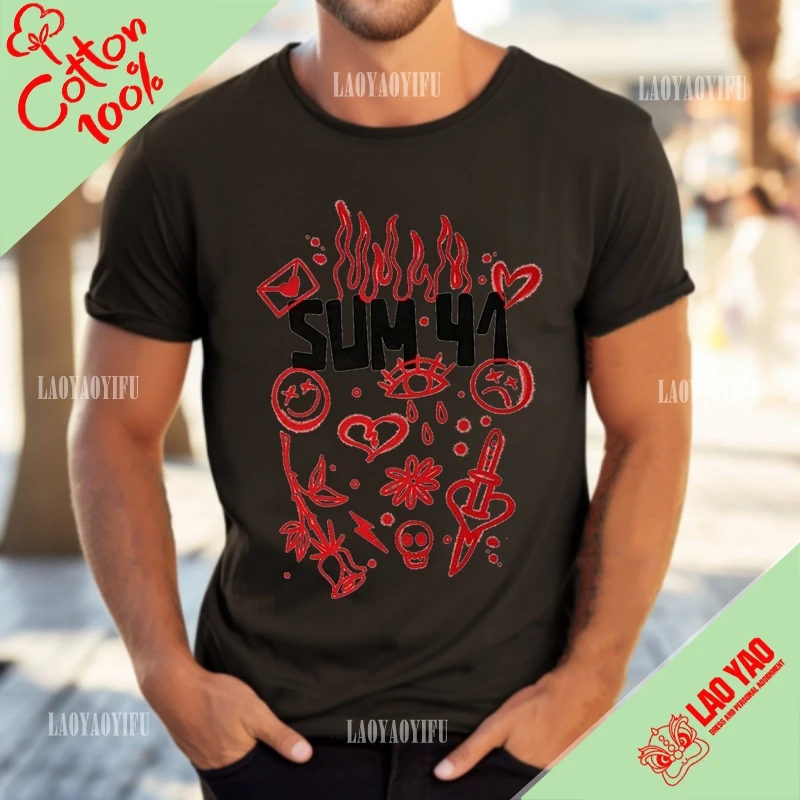 Camiseta Harajuku de manga curta para homens e mulheres, Rock Band Tops, Streetwear, Roupas Harajuku, Sum 41, 100% Algodão