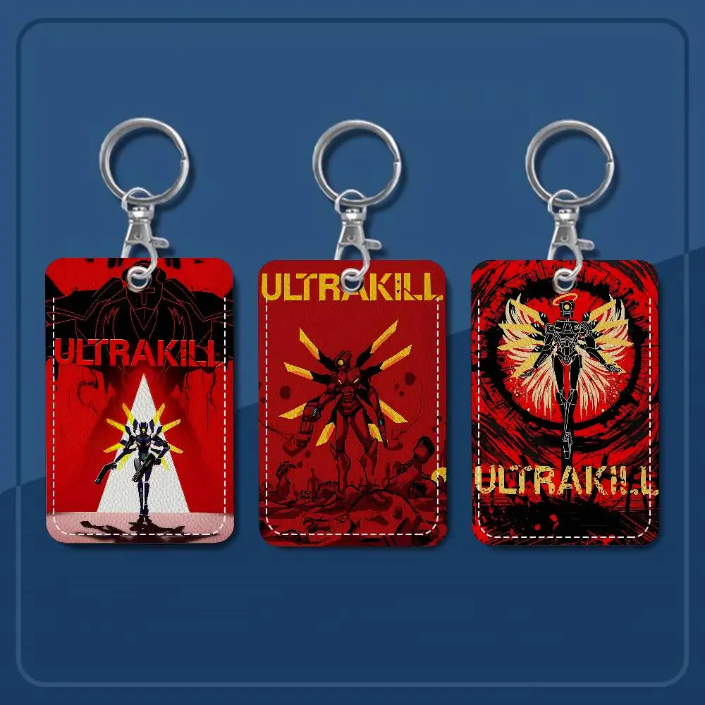 Anime Game U_ULTRAKILLs Rectangle ID Card Case Keychain Access Card Bag Key Tag Ring Leather Card Holder Key Ring Access