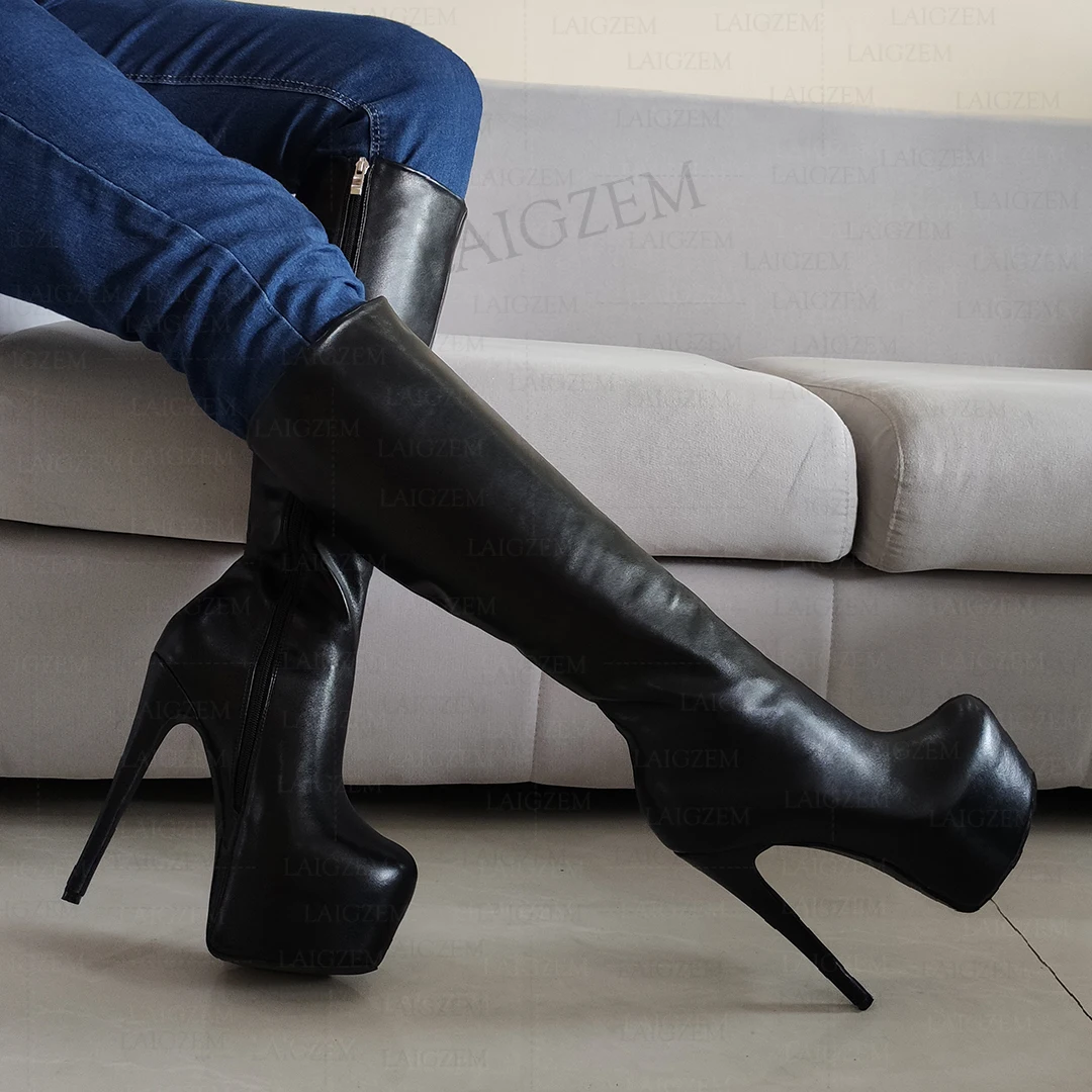 LAIGZEM Women Knee High Platform Boots Full Zip Up Thin High Heels Tall Boots Female Handmade Shoes Woman Plus Size 38 42 46 52