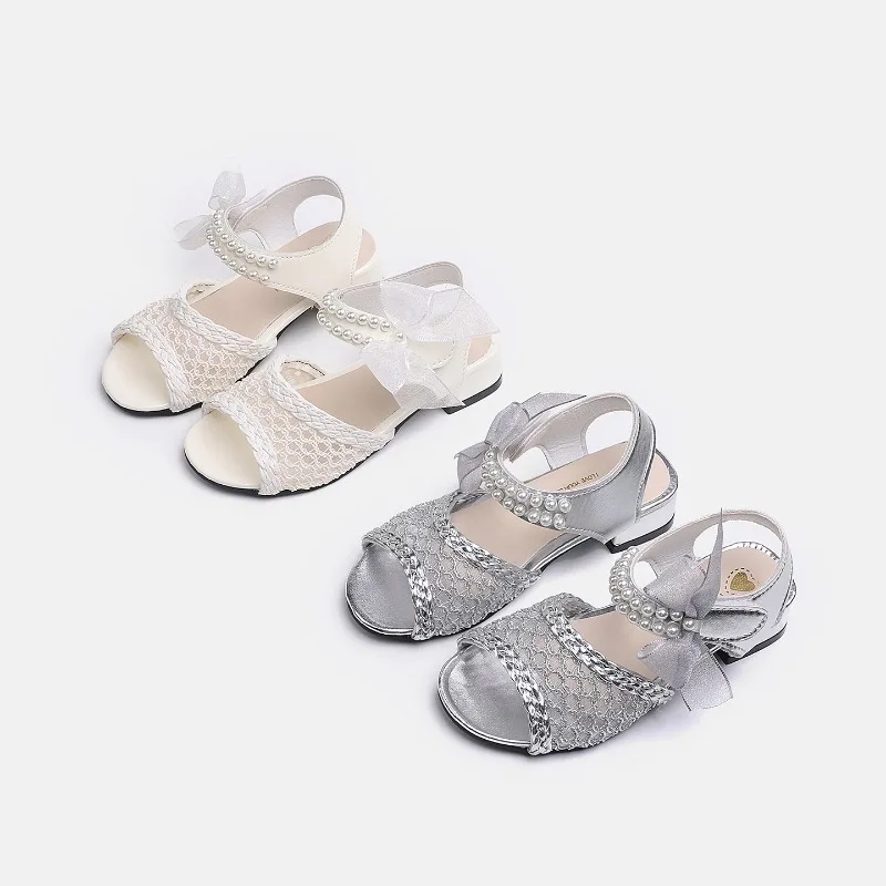 Little Girls Low Heel Sandals Summer Princess Luxury Children Dress Shoes with Lace Bowknot Wedding Party Kids Perform Sandals