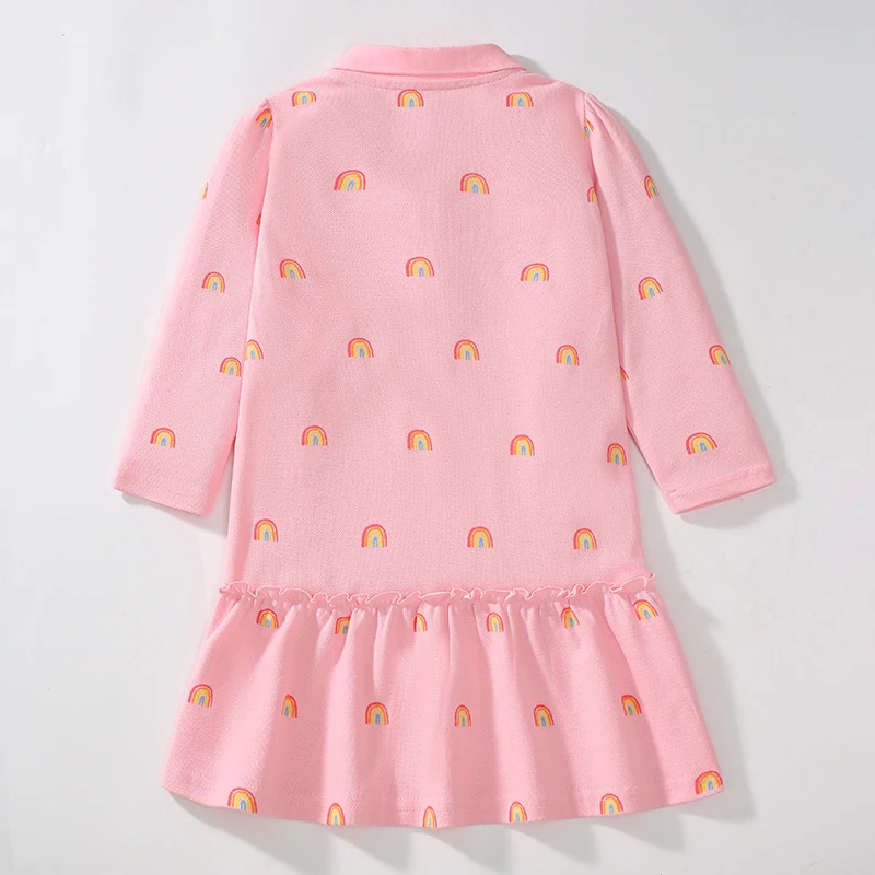 Little maven 2024 New Autumn Baby Girls Long Sleeves Pink Polo Rainbow Dress Cotton with Lovely Casual Clothes for Kids 2-7 year