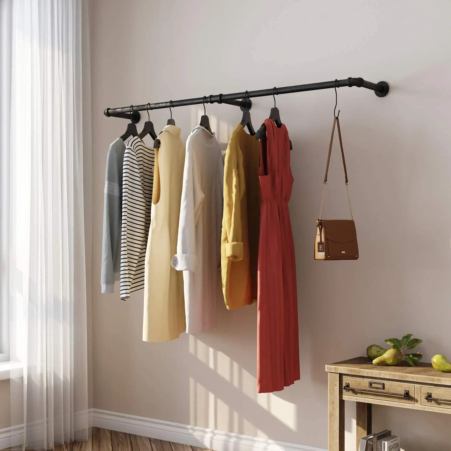 180cm Bedroom Garment Home Rail Multipurpose Wall Mounted Industrial Pipe Clothes Rack Space Saving Hanging Shelf with 3 Hooks