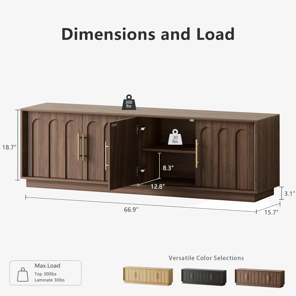 حامل تلفزيون حديث لمنتصف القرن مقاس 75 بوصة مع نمط مقوس، ولمسة نهائية من الخشب، ووحدة تحكم وسائط قابلة للتعديل